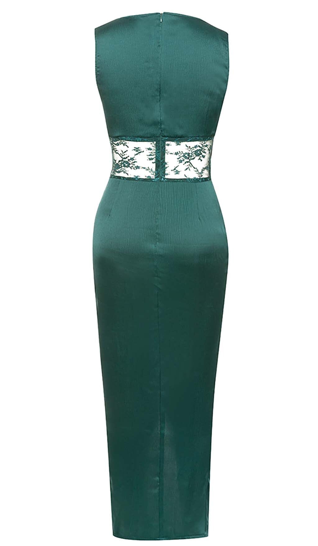 Satin Cowl Neck Lace Panel High-Slit Bodycon Midi Dress