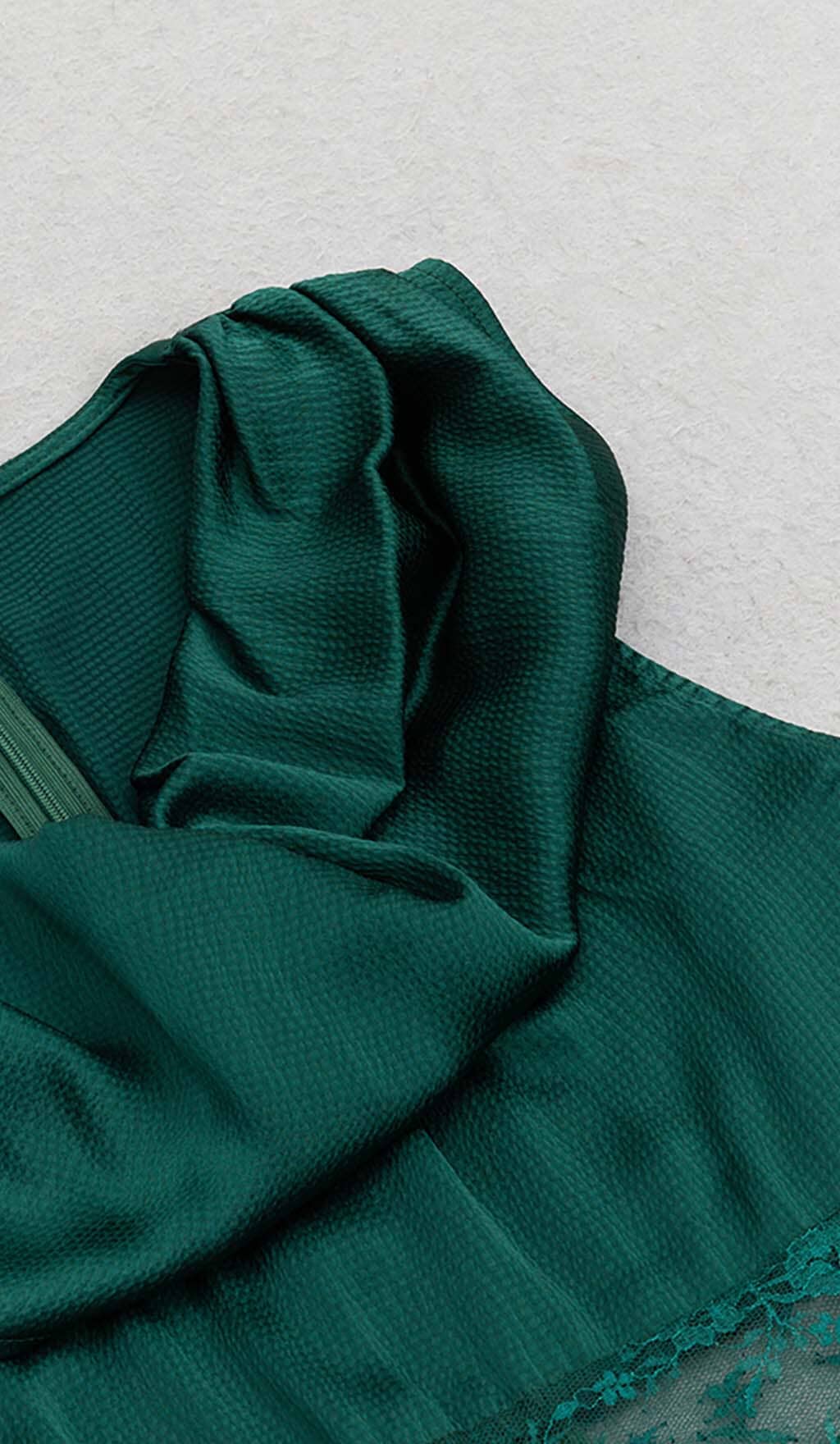 Satin Cowl Neck Lace Panel High-Slit Bodycon Midi Dress