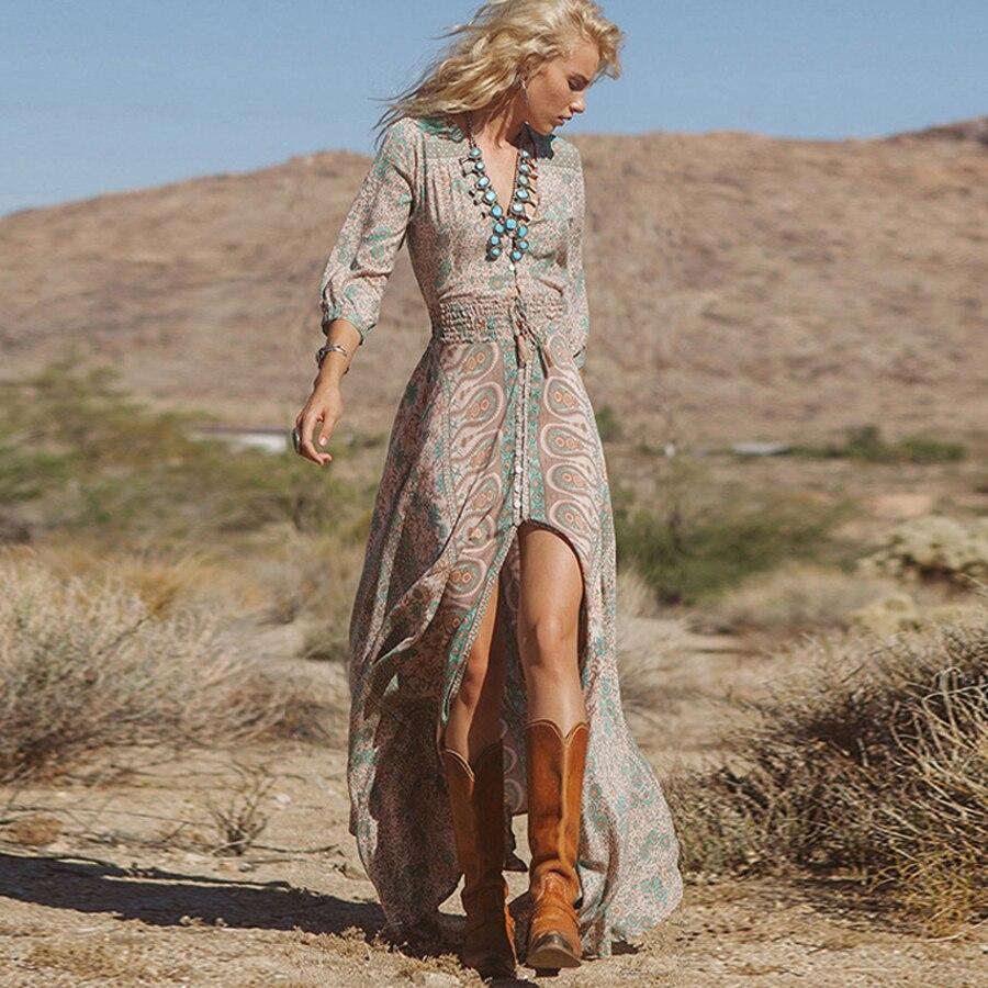 Paisley Print V-Neck Button-Front Smocked Waist Maxi Dress