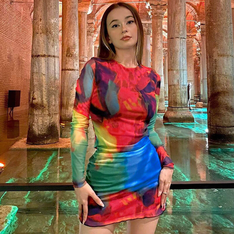 Tie Dye Print Crew Neck Long Sleeve Bodycon Mini Dress