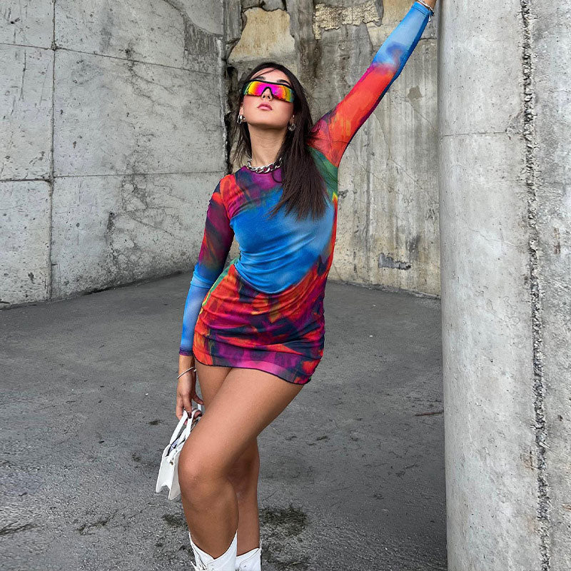 Tie Dye Crew Neck Long Sleeve Cut Out Bodycon Mini Dress - Multicolor