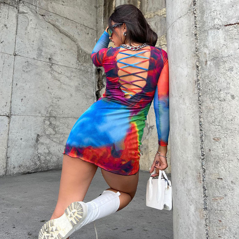 Tie Dye Crew Neck Long Sleeve Cut Out Bodycon Mini Dress - Multicolor