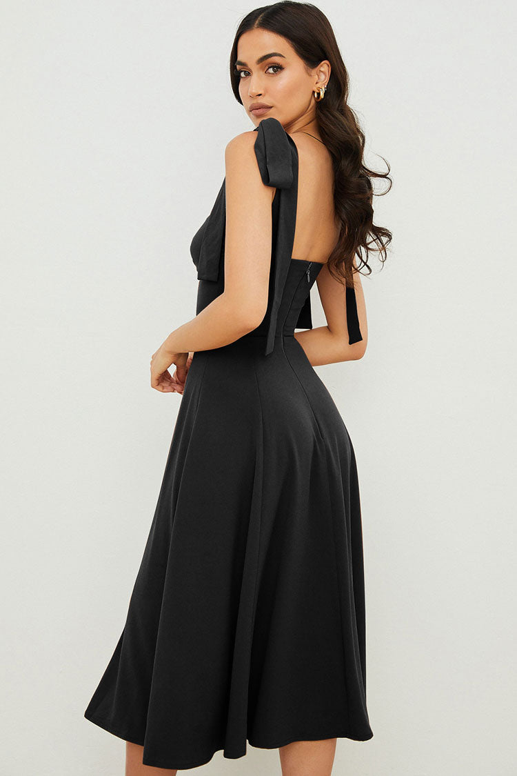 Tie Strap Fit & Flare High Slit Slip Midi Dress - Black Fashionpara