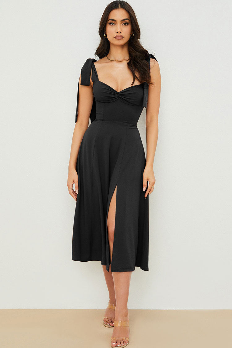 Tie Strap Fit & Flare High Slit Slip Midi Dress - Black Fashionpara