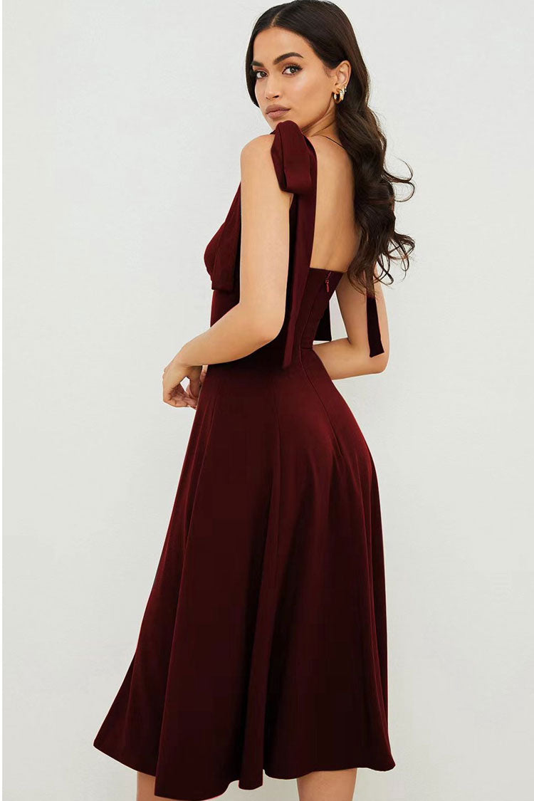 Tie Strap Fit & Flare High Slit Slip Midi Dress - Dark Wine Fashionpara
