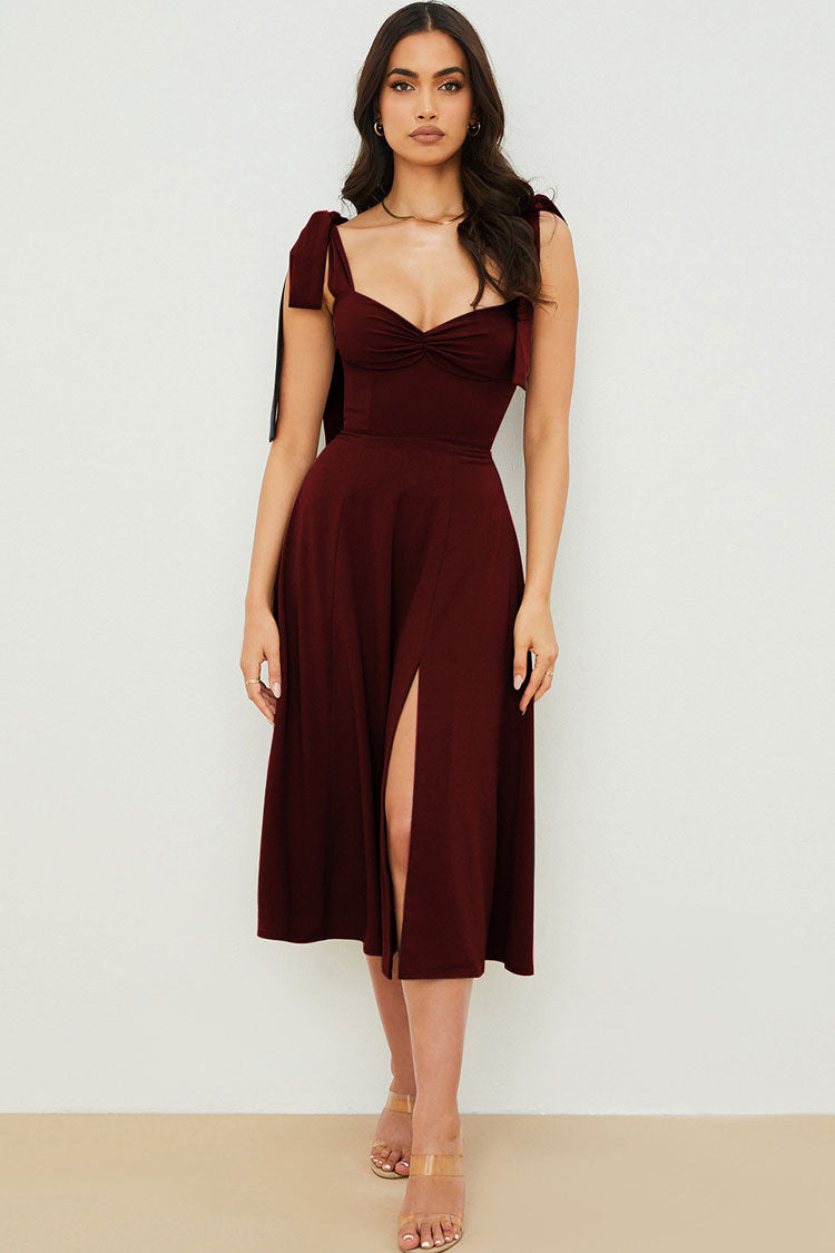 Tie Strap Fit & Flare High Slit Slip Midi Dress - Dark Wine Fashionpara