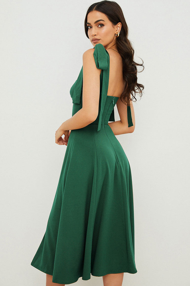 Tie Strap Fit & Flare High Slit Slip Midi Dress - Emerald Green Fashionpara