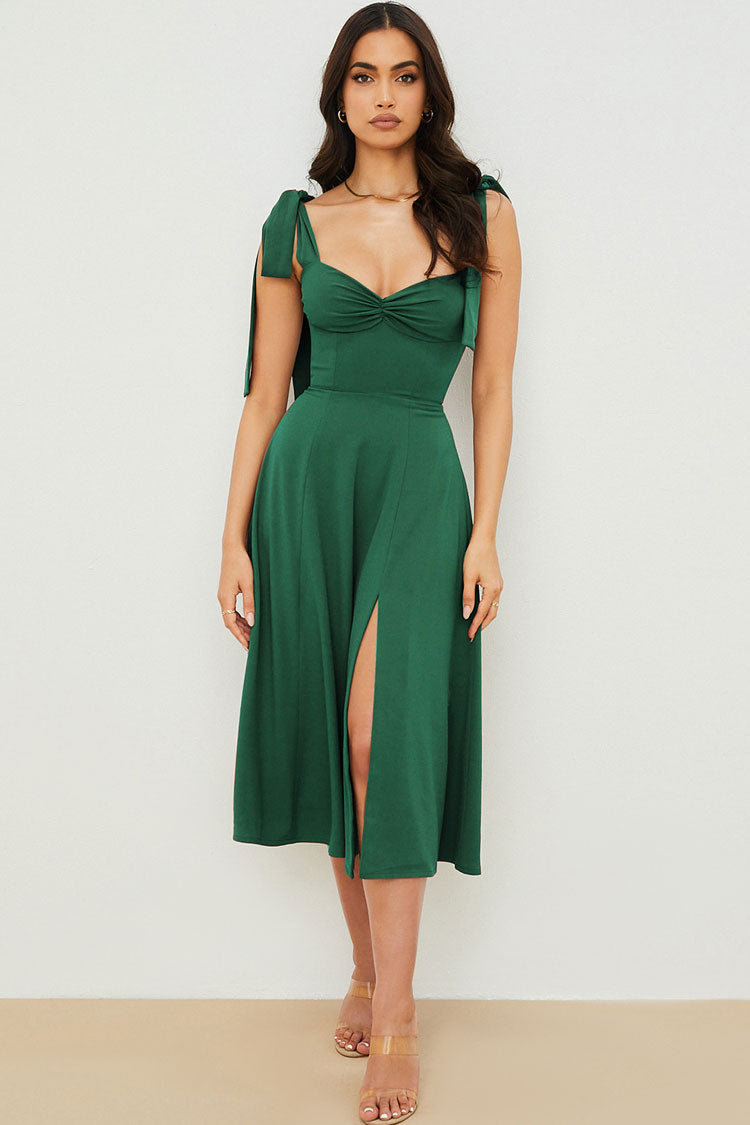 Tie Strap Fit & Flare High Slit Slip Midi Dress - Emerald Green Fashionpara