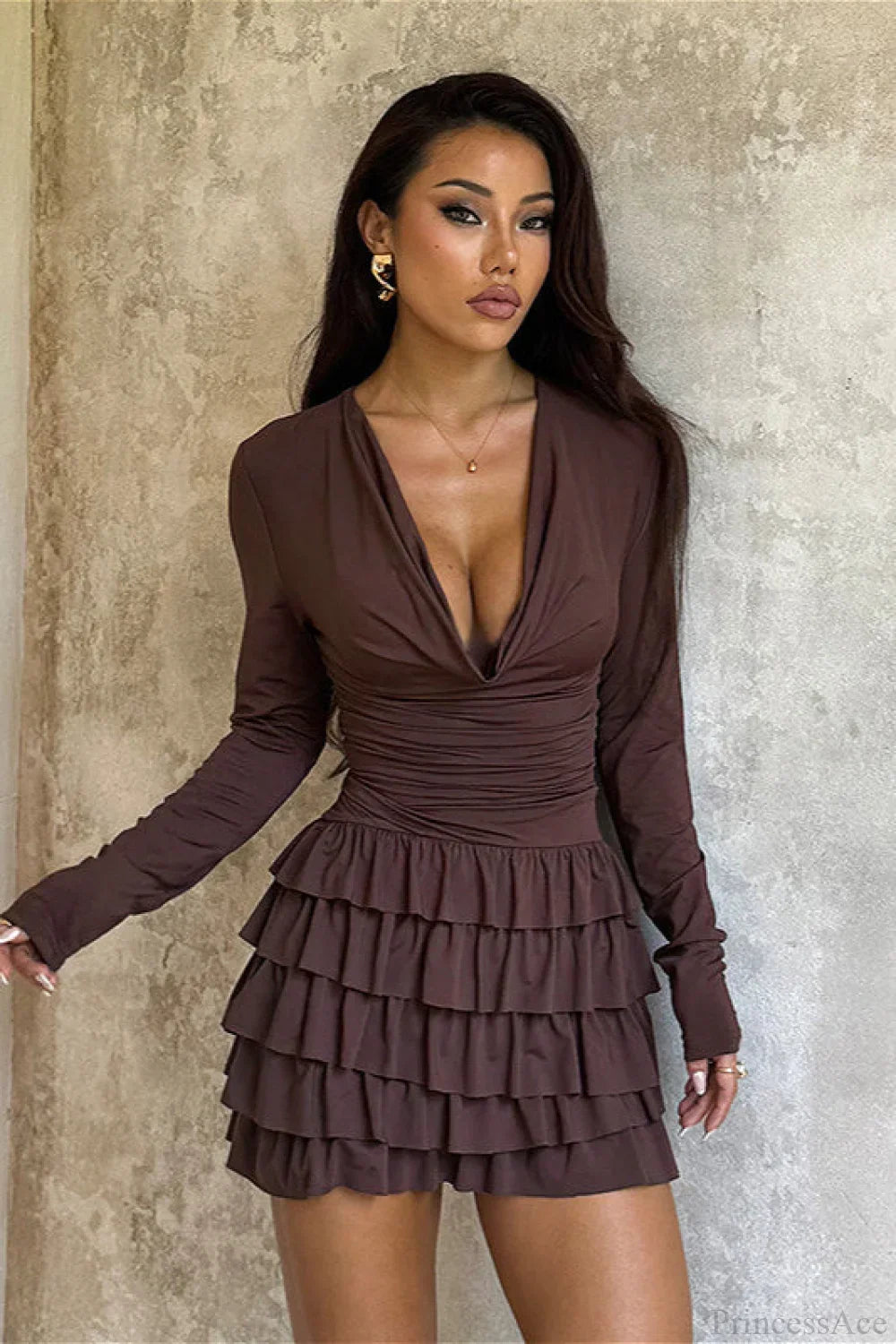Long Sleeve V-Neck Tiered Ruffle Mini Dress 3