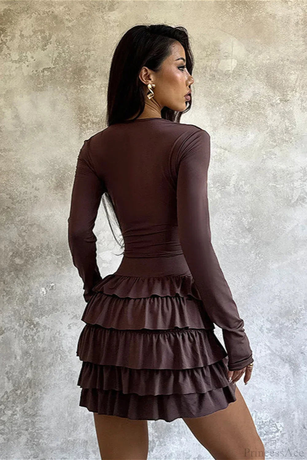 Long Sleeve V-Neck Tiered Ruffle Mini Dress 4