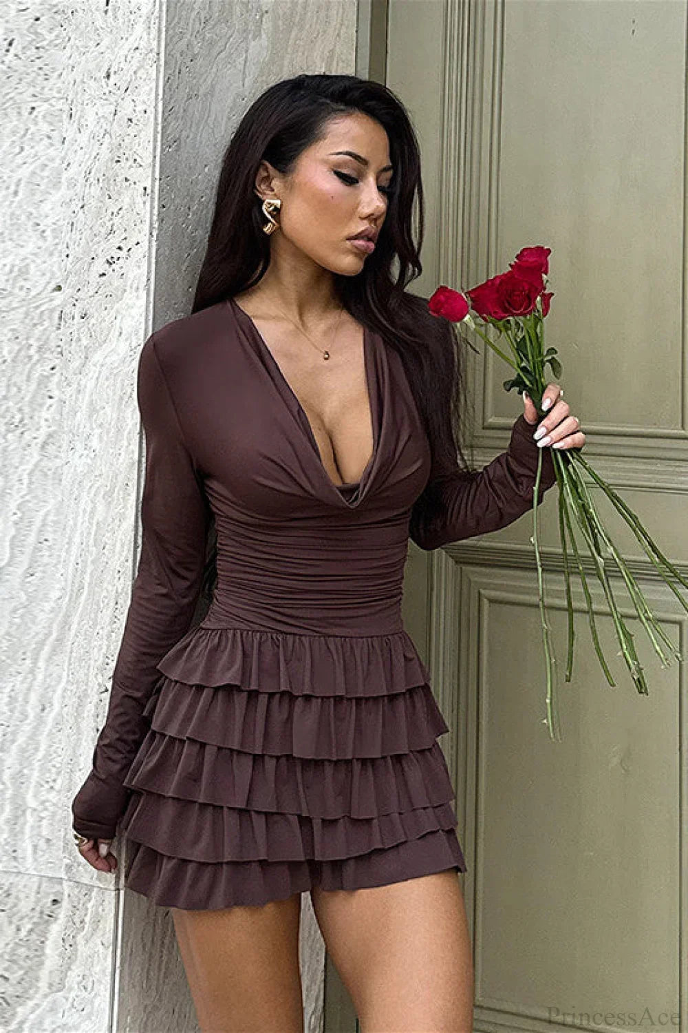Long Sleeve V-Neck Tiered Ruffle Mini Dress