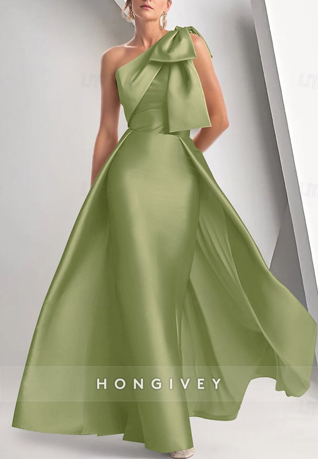 Sheath Floor-Length One Shoulder Mother of Bride Satin Sleeveless Pleated Bowknot Evening Gown