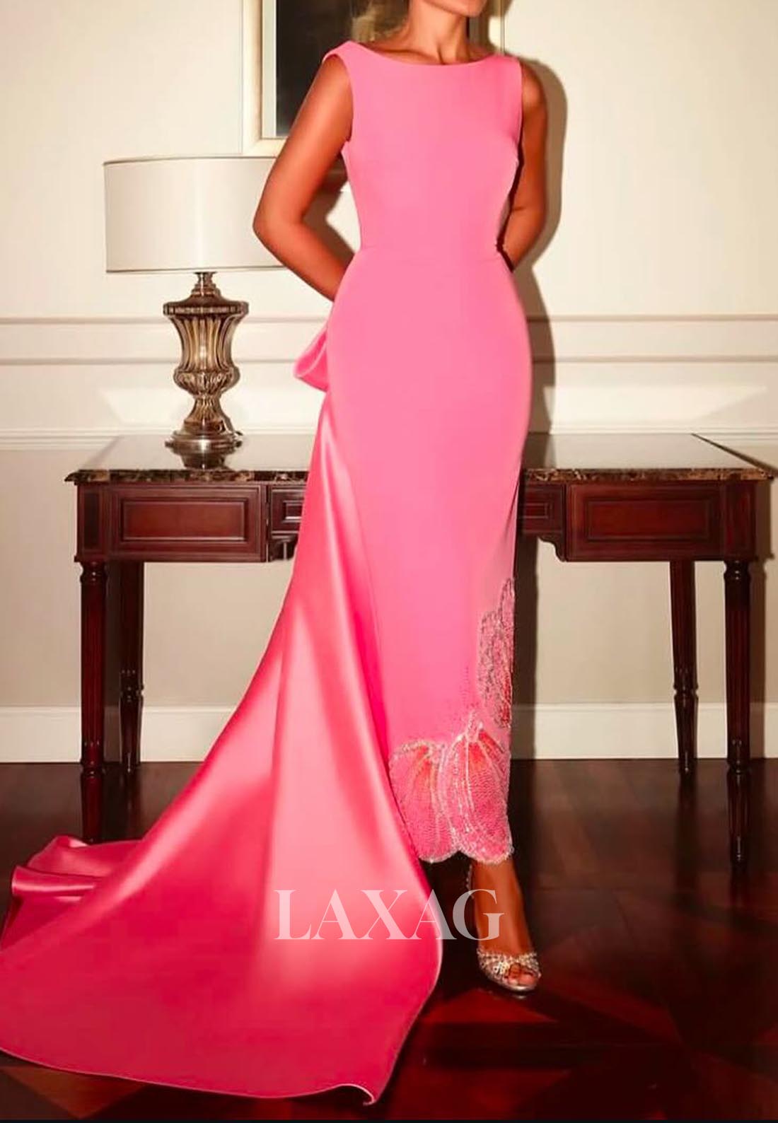 Scoop-Neck Sleeveless Pleated Mermaid Evening Dress Sequined Ankle-Length Formal Gowns with Train