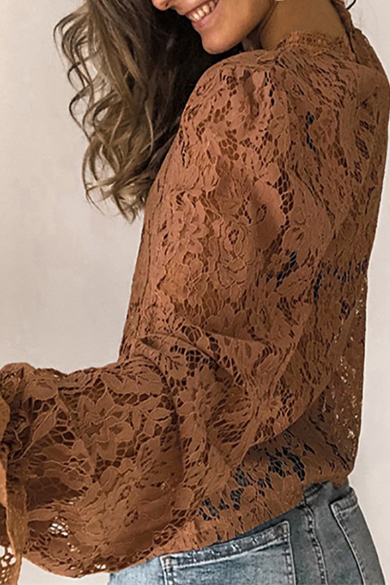 Florcoo Long Sleeve Openwork Lace Blouse(4 Colors)