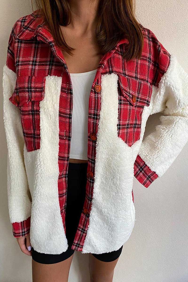 Florcoo  Pocket Check Stitching Plush Jacket(4 colors)