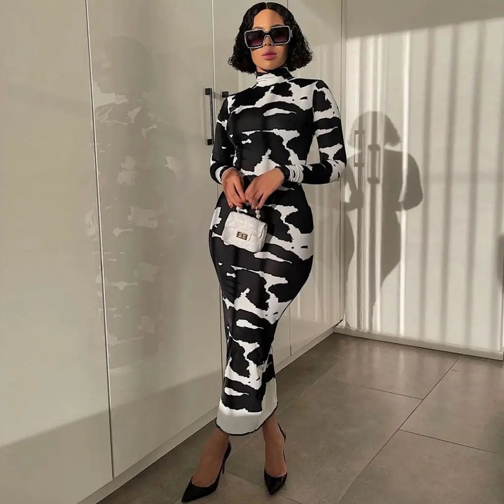 Trendy Cow Print Turtleneck Long Sleeve Bodycon Maxi Dress - Black  Fashionpara