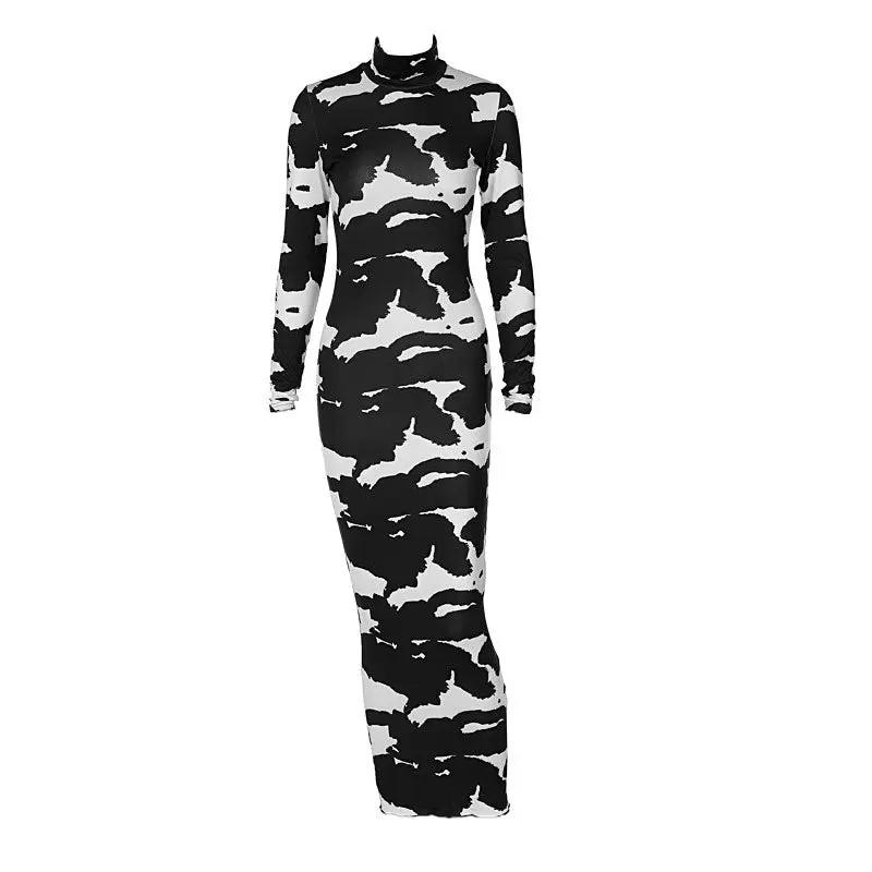 Trendy Cow Print Turtleneck Long Sleeve Bodycon Maxi Dress - Black  Fashionpara