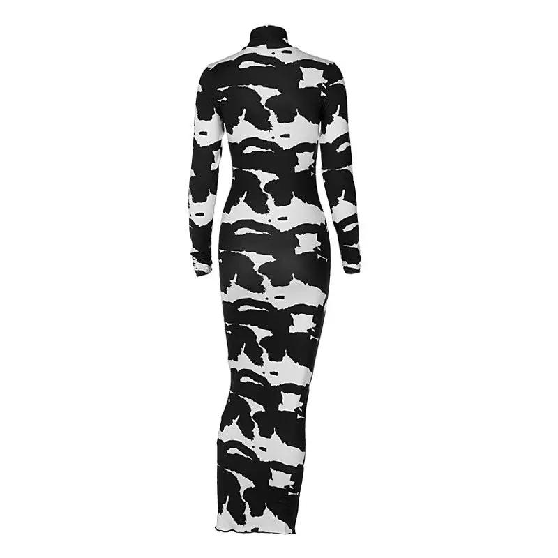 Trendy Cow Print Turtleneck Long Sleeve Bodycon Maxi Dress - Black  Fashionpara