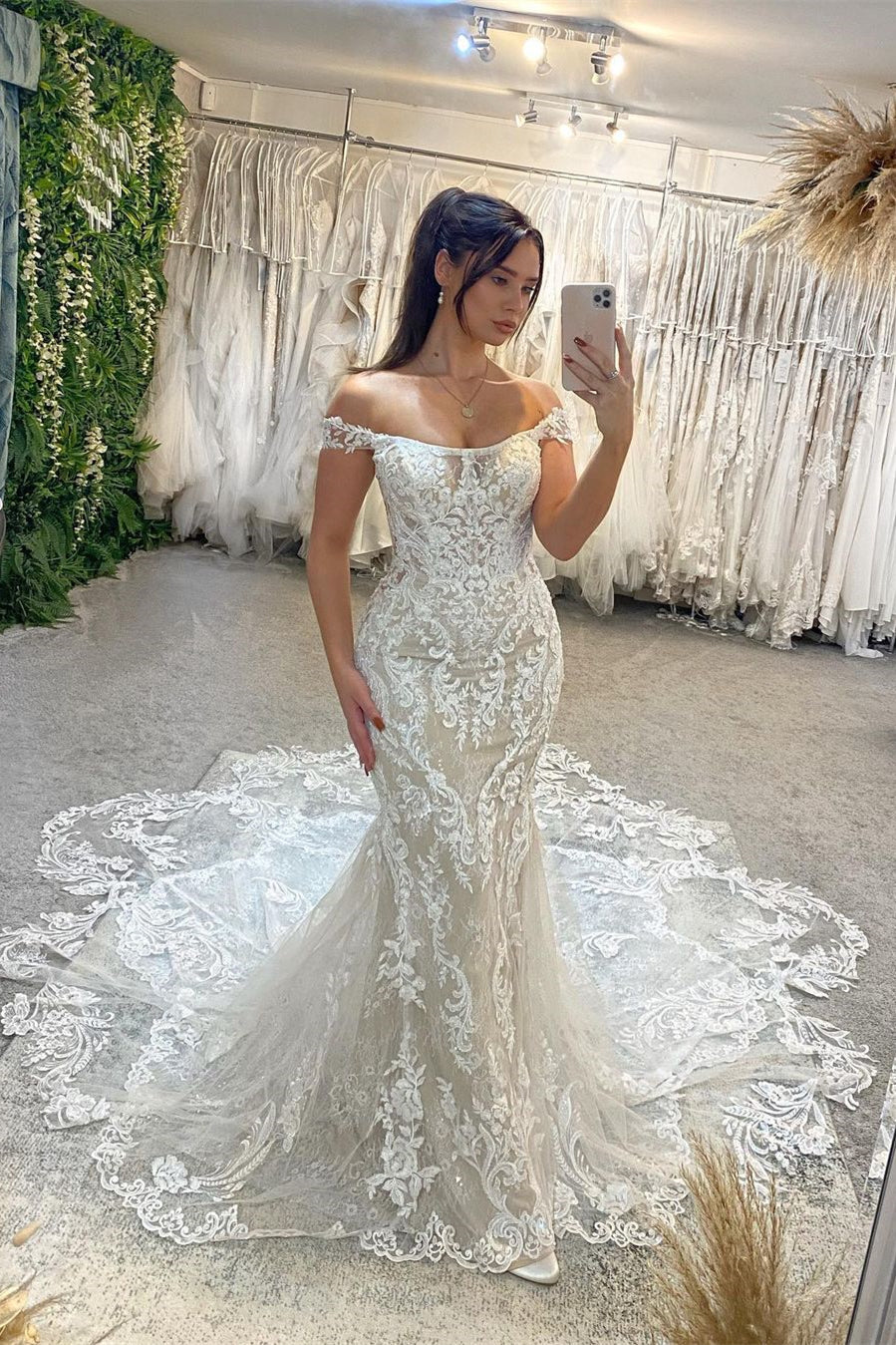 Sexy Floor Length Off-The-Shoulder Sleeveless Mermaid Lace Wedding Dress with Cathedral Train - Fashionpara