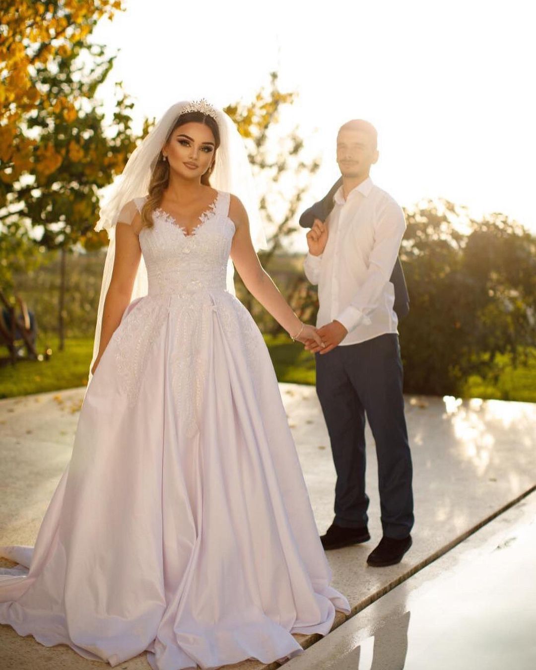 Trendy Floor-Length Sweetheart Spaghetti Strap Sleeveless A-Line Satin Wedding Gown with Beaded Details - Fashionpara