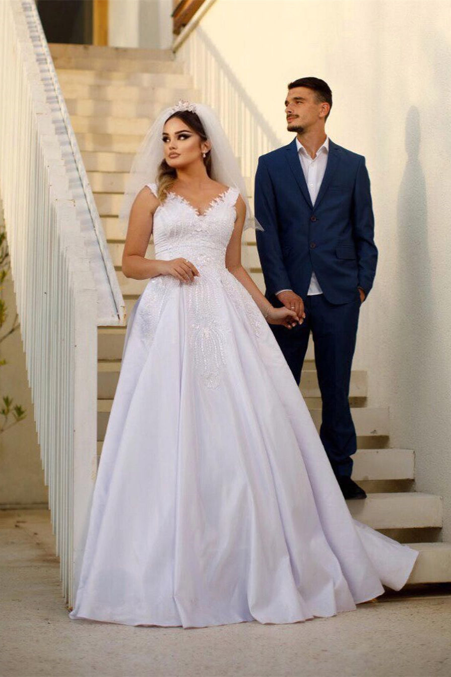 Trendy Floor-Length Sweetheart Spaghetti Strap Sleeveless A-Line Satin Wedding Gown with Beaded Details - Fashionpara