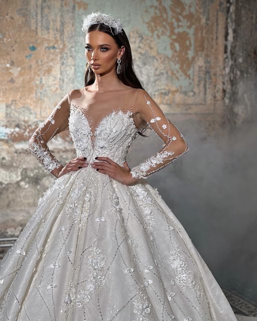 Trendy Floor-Length V-Neck Long Sleeve A-Line Lace Wedding Gown with Elegant Appliques - Fashionpara