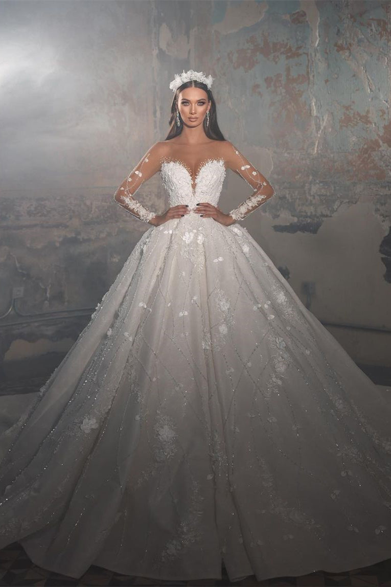 Trendy Floor-Length V-Neck Long Sleeve A-Line Lace Wedding Gown with Elegant Appliques - Fashionpara