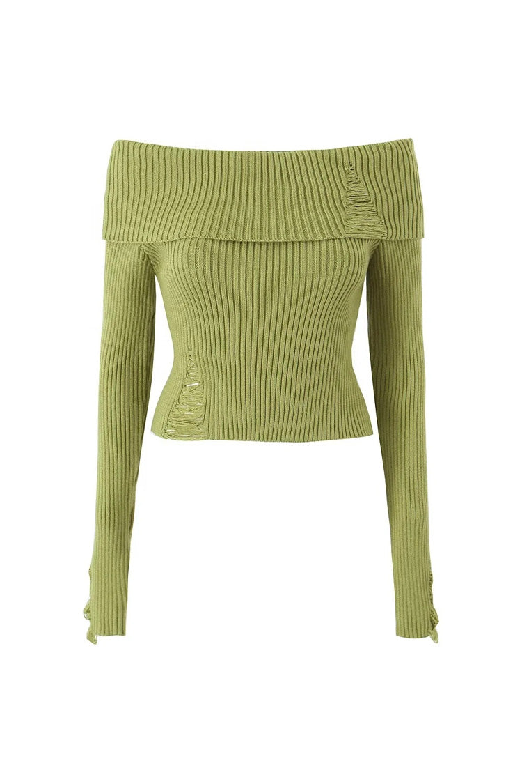 Chic Off Shoulder Distressed Crop Knit Sweater for Style