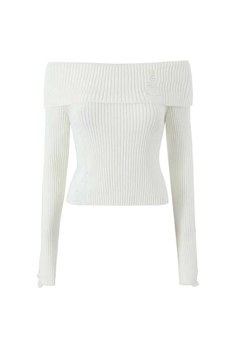 Chic Off Shoulder Distressed Crop Knit Sweater for Style