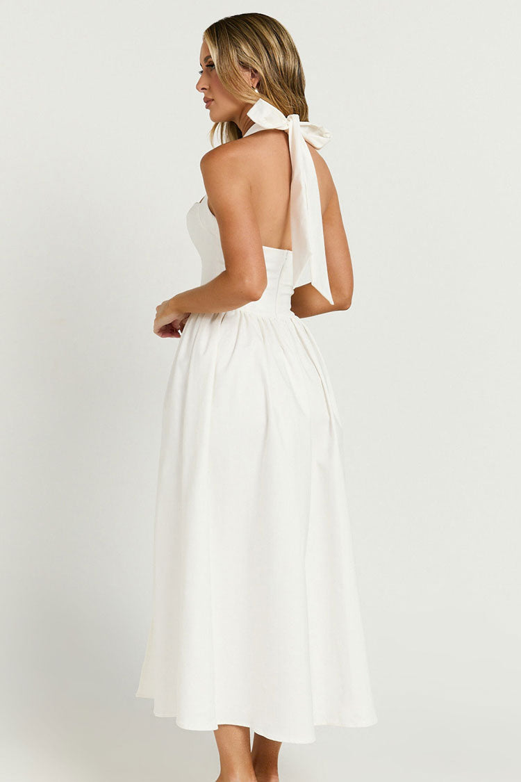 Trendy Halter Sleeveless Drop Waist Fit & Flare Split Vacation Midi Sundress