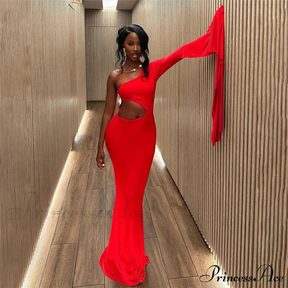 Trendy Incline Shoulder Hollow Maxi Dress for Christmas Party