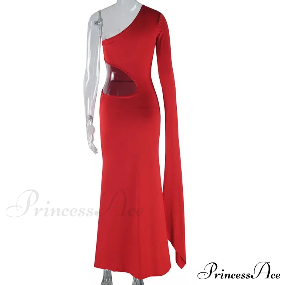 Trendy Incline Shoulder Hollow Maxi Dress For Christmas Party Red / S Dresses-L