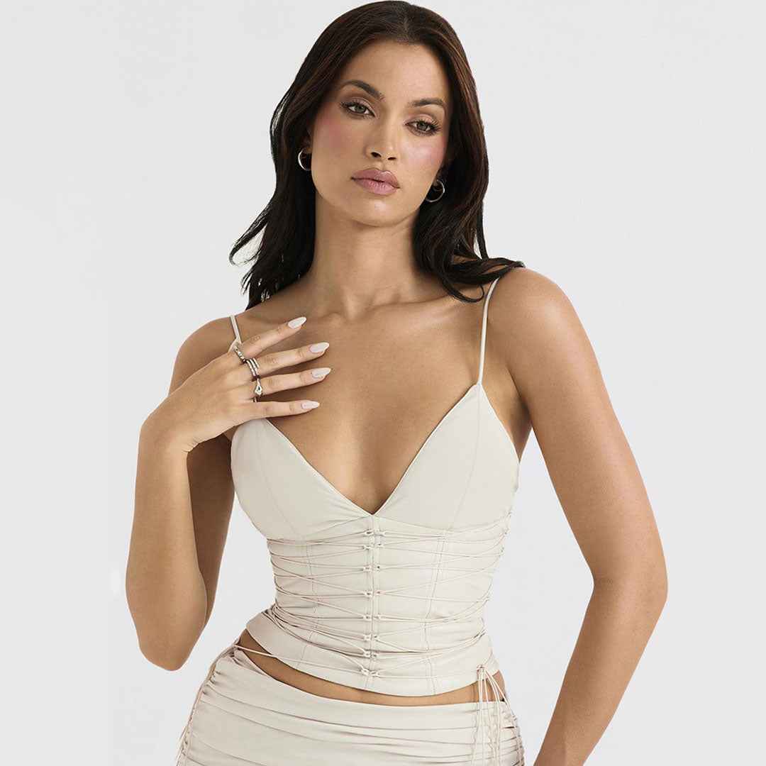 Lace Up Vegan Leather Deep V Tank Crop Top - Ivory - Fashionpara