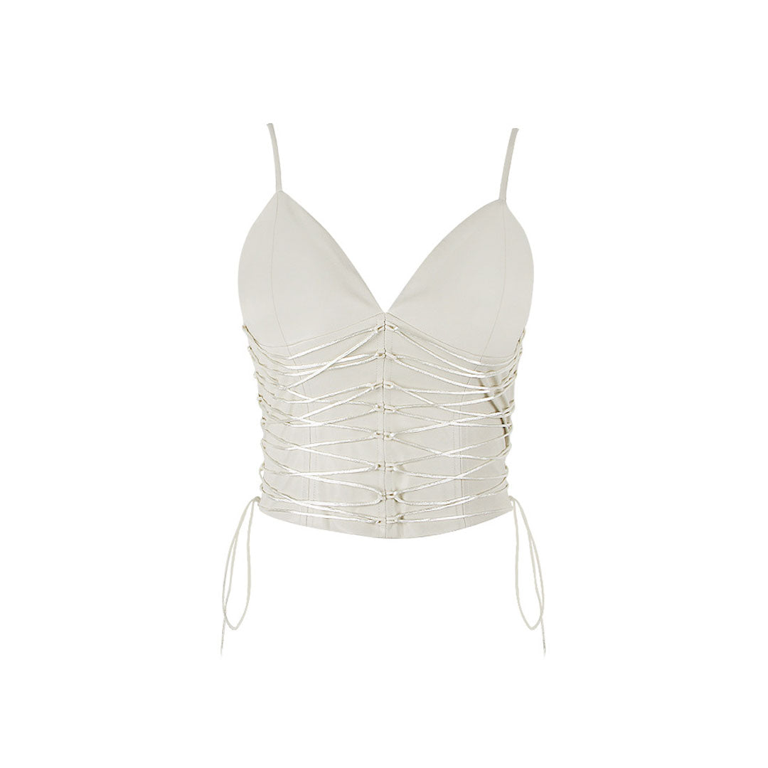 Lace Up Vegan Leather Deep V Tank Crop Top - Ivory - Fashionpara