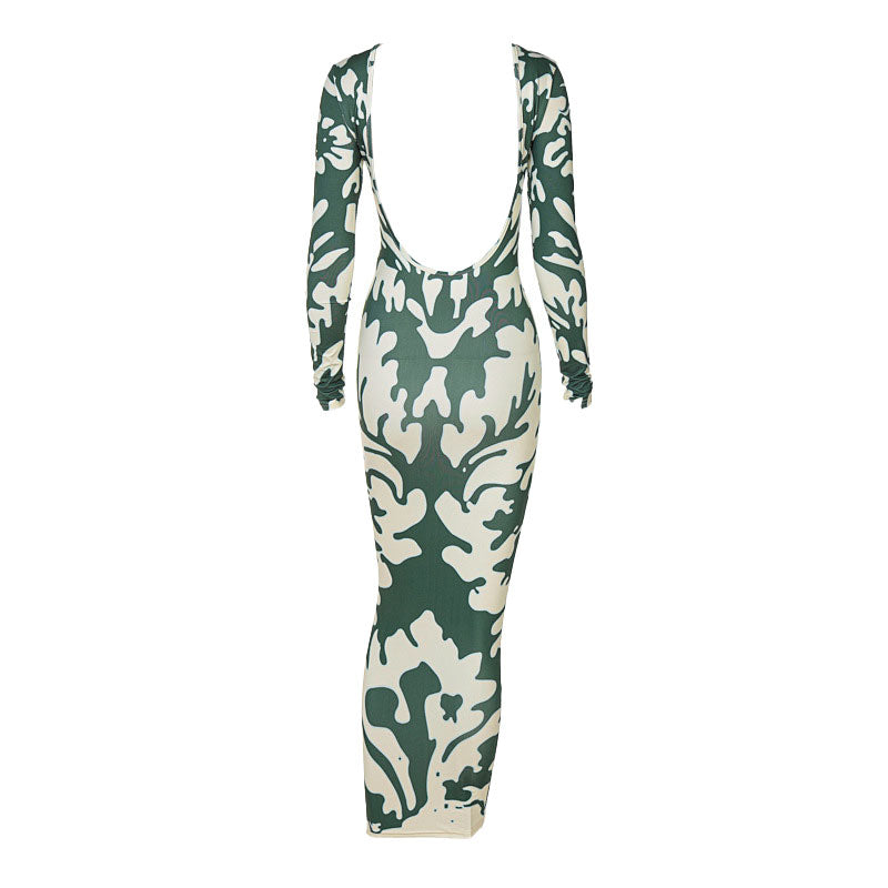 Camo Print Long Sleeve Backless Bodycon Midi Dress 3