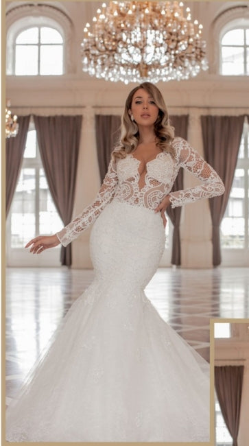 Contemporary Long Sleeves V-Neck Mermaid Bridal Dress with Chapel Train - Fashionpara
