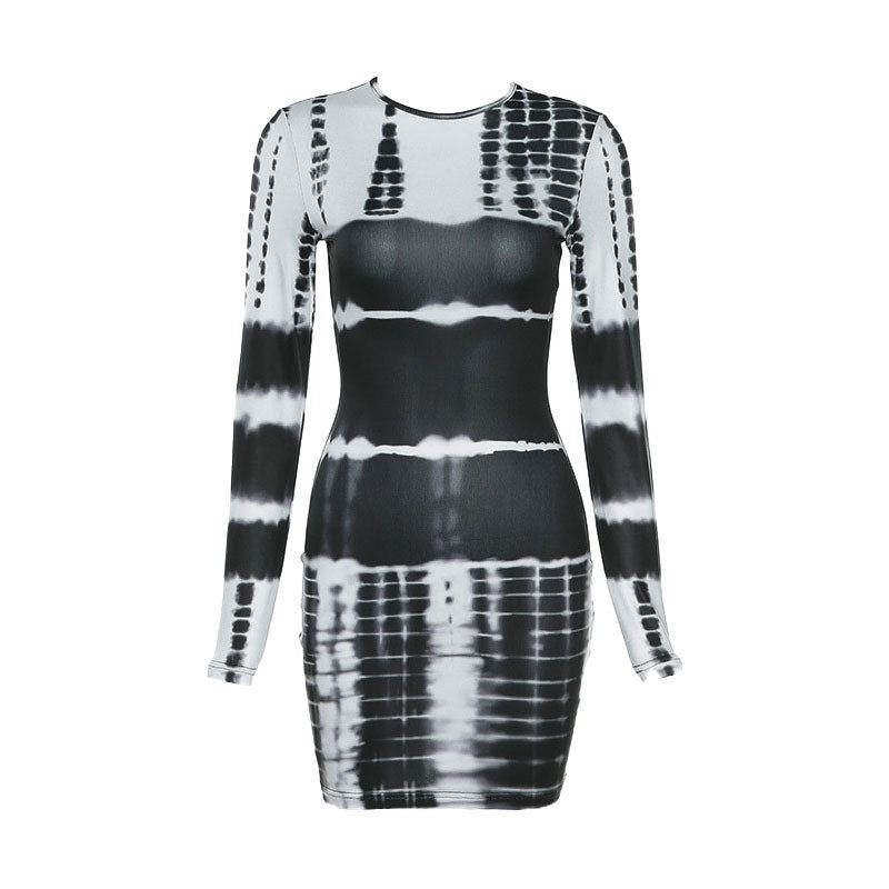 Mélange Tie Dye Bodycon Long Sleeve Mini Dress - Black - Fashionpara