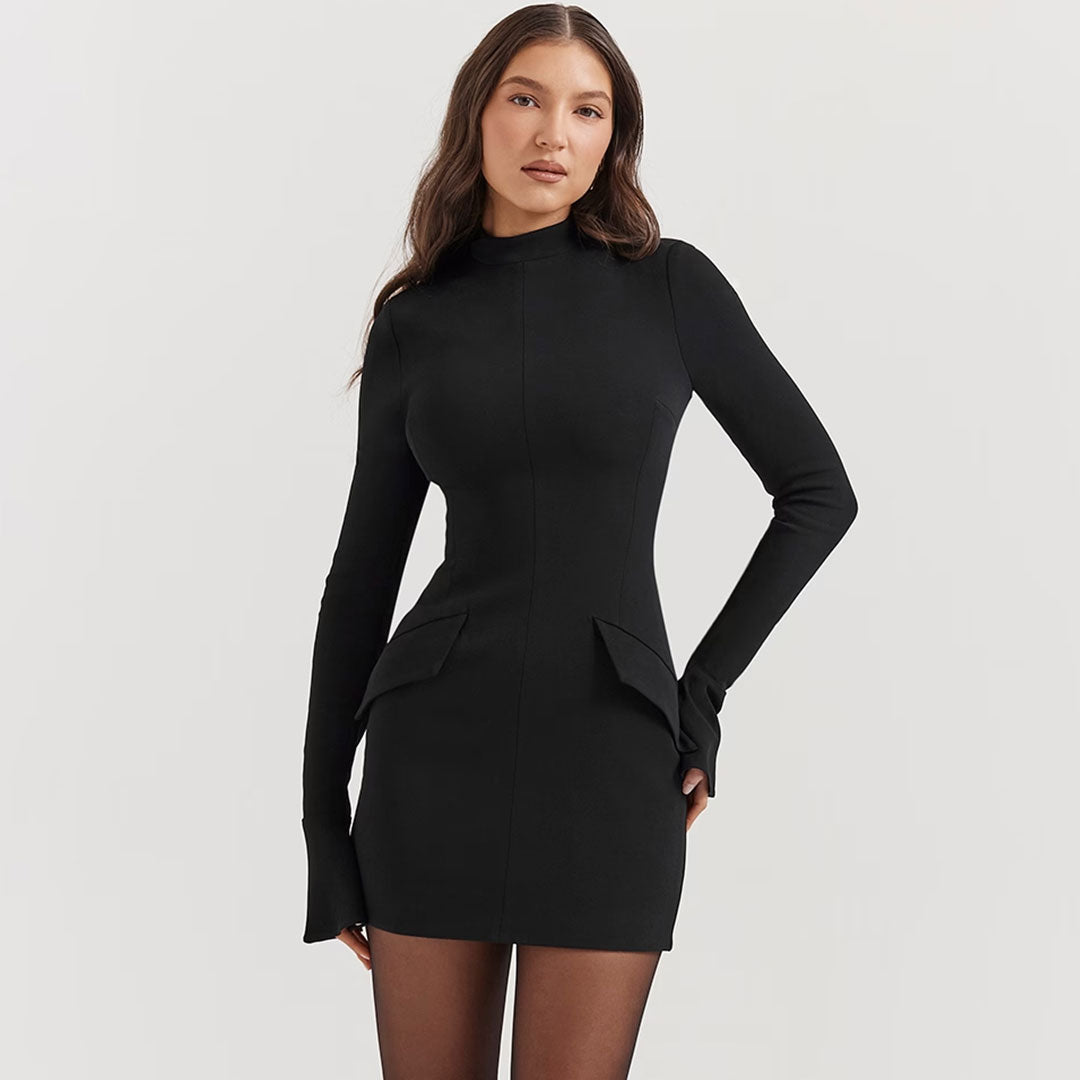 Trendy Mock Neck Bell Sleeve Pocket Trim Bodycon Mini Party Dress - Fashionpara