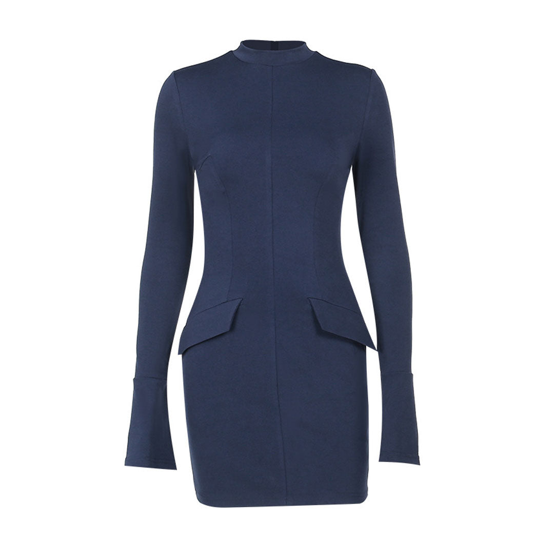Trendy Mock Neck Bell Sleeve Pocket Trim Bodycon Mini Party Dress - Fashionpara