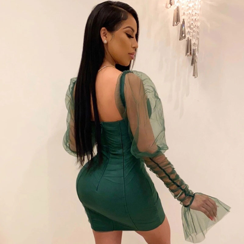 Puff Sleeve Bustier Bodycon Party Mini Dress - Emerald Green