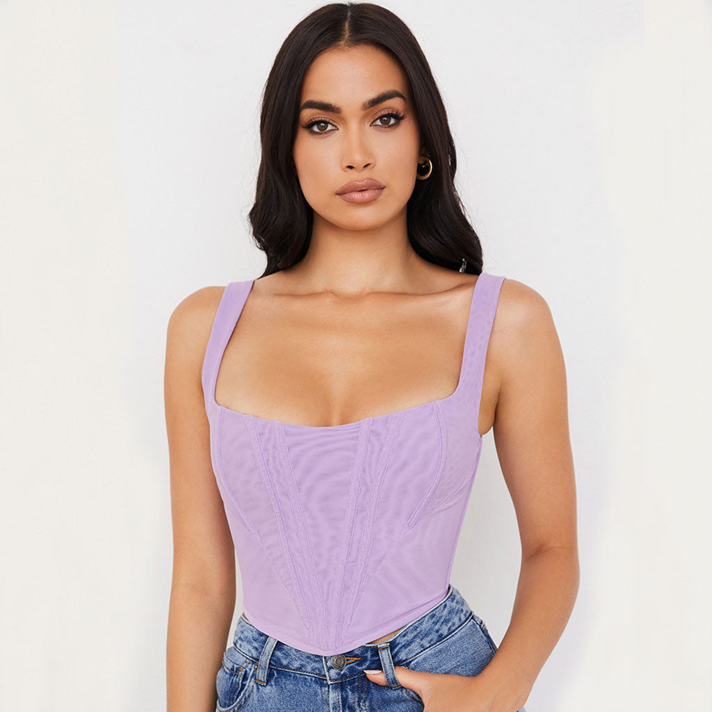 Suspender Strap Square Neck Crop Corset Top - Purple - Fashionpara