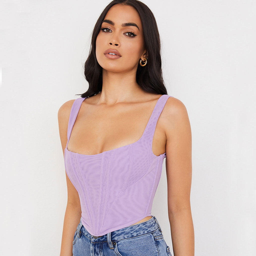 Suspender Strap Square Neck Crop Corset Top - Purple - Fashionpara