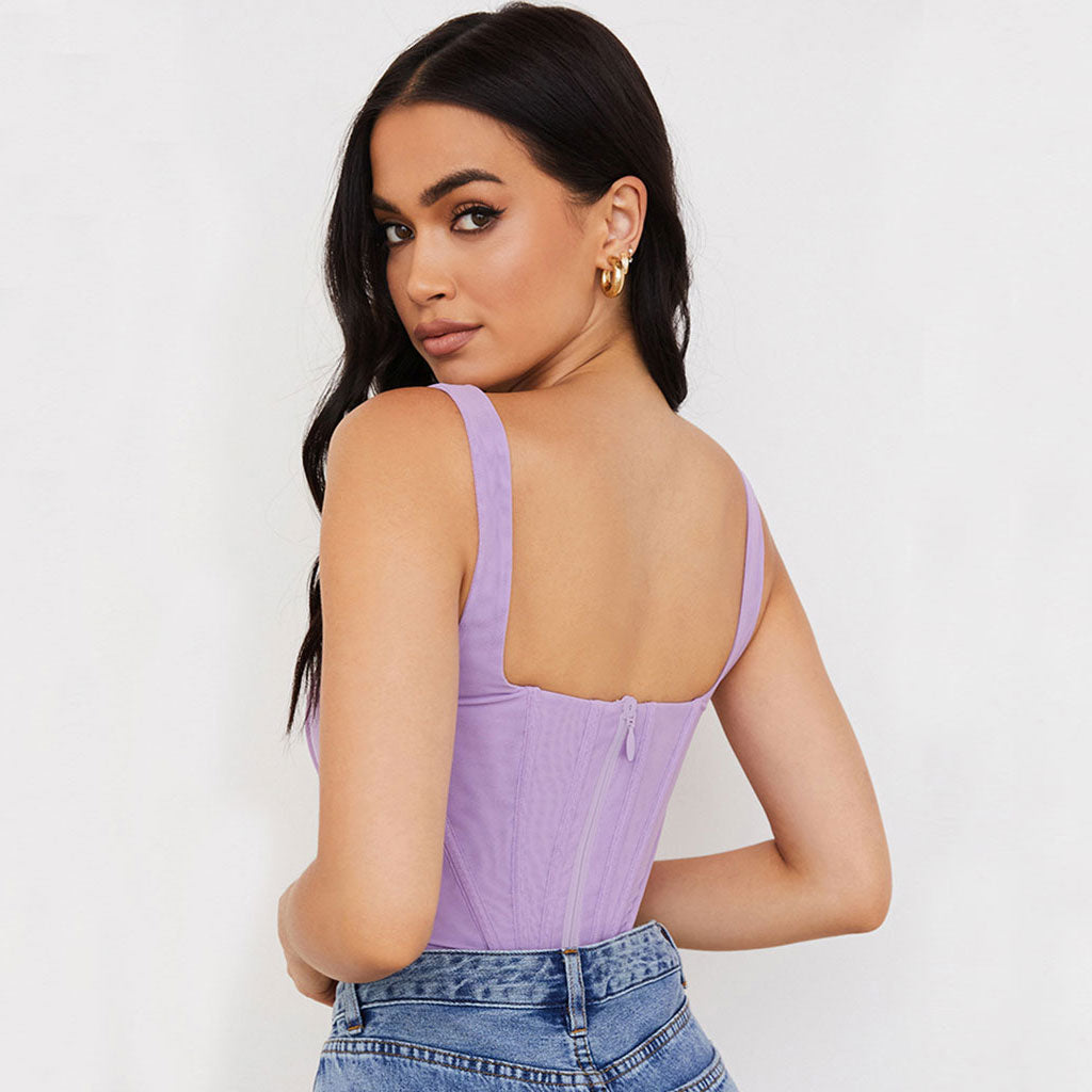 Suspender Strap Square Neck Crop Corset Top - Purple - Fashionpara