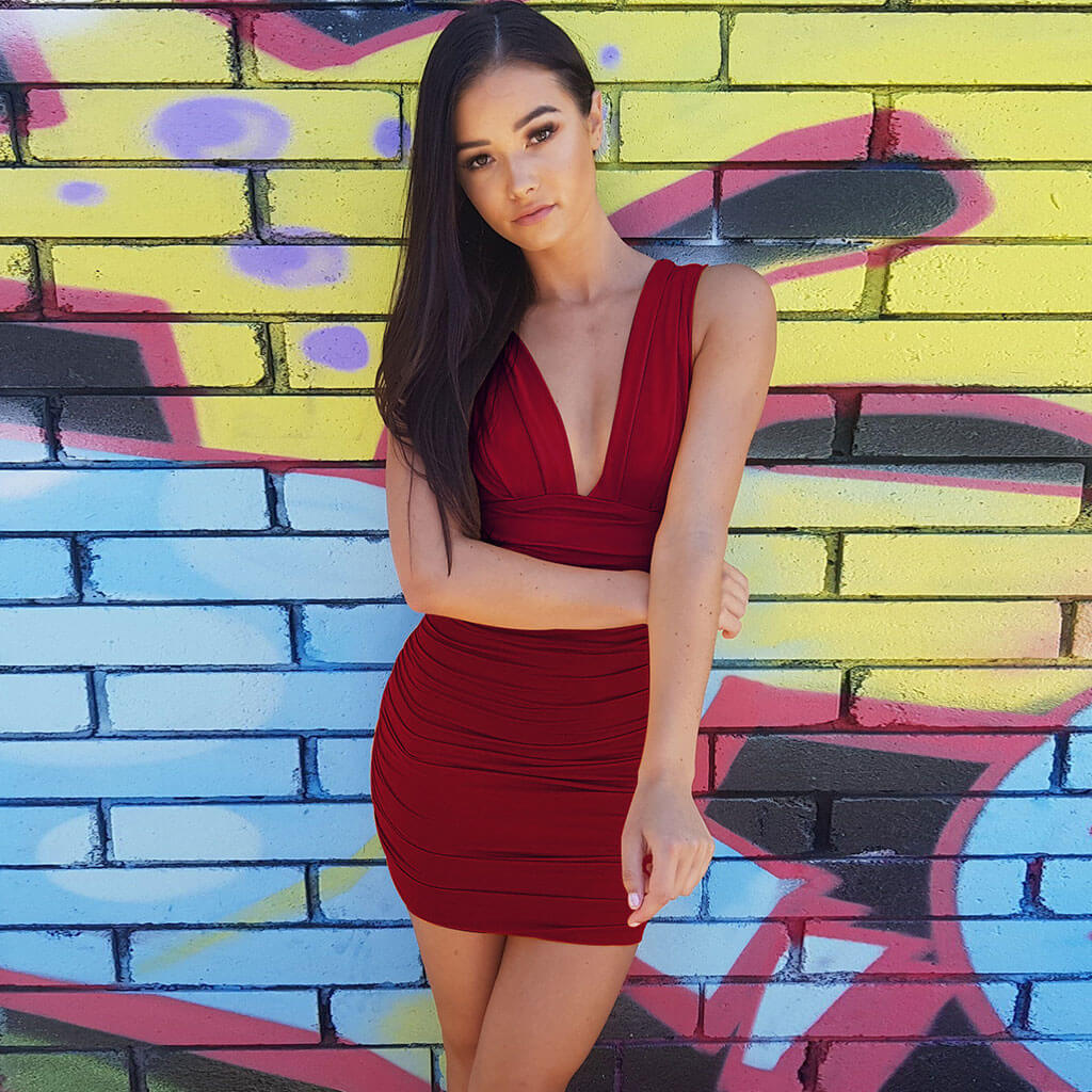 V Neck Ruched Bodycon Strapless Party Mini Dress - Burgundy - Fashionpara