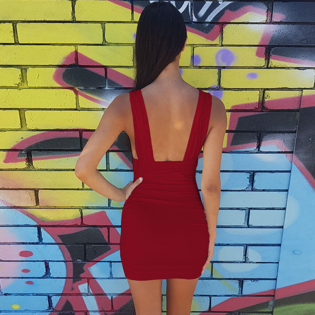 V Neck Ruched Bodycon Strapless Party Mini Dress - Burgundy - Fashionpara