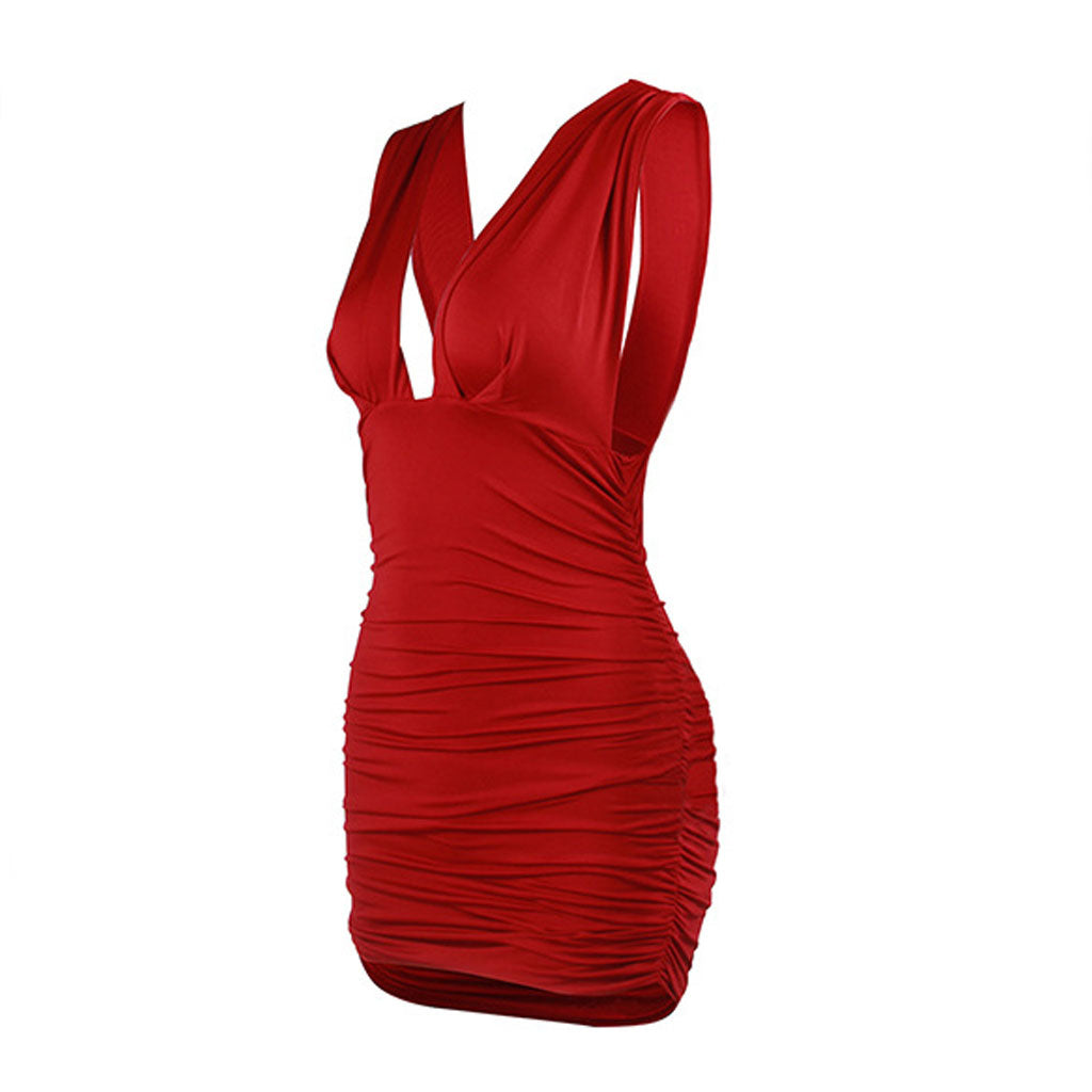 V Neck Ruched Bodycon Strapless Party Mini Dress - Burgundy - Fashionpara