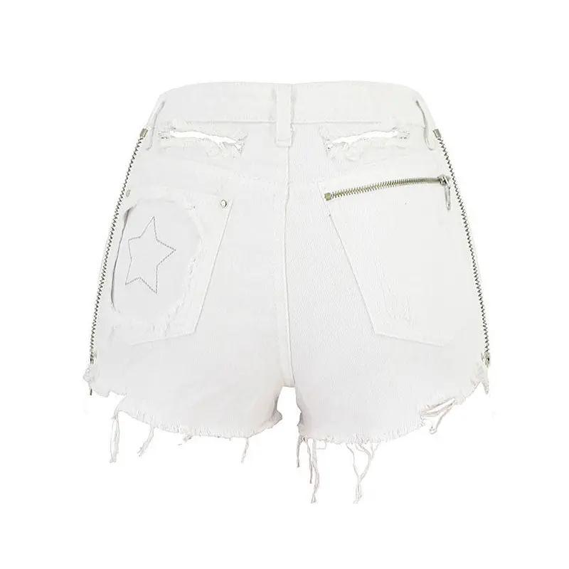 Trendy Zip Trim High Waist Distressed Denim Shorts - White  Fashionpara