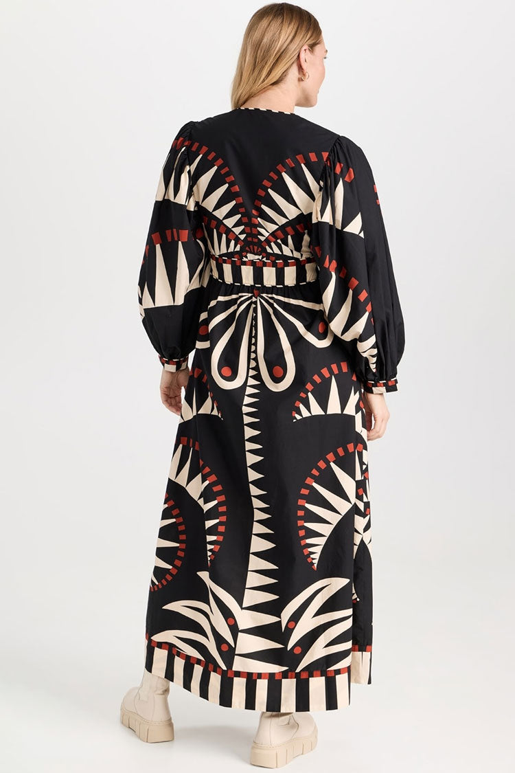 Tribal Geometric Print Deep V Blouson Sleeve Button Up Vacation Maxi Dress
