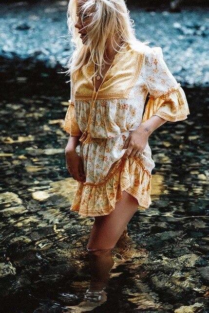 Boho Floral Print Flared Sleeve Ruffle Hem Mini Dress 13