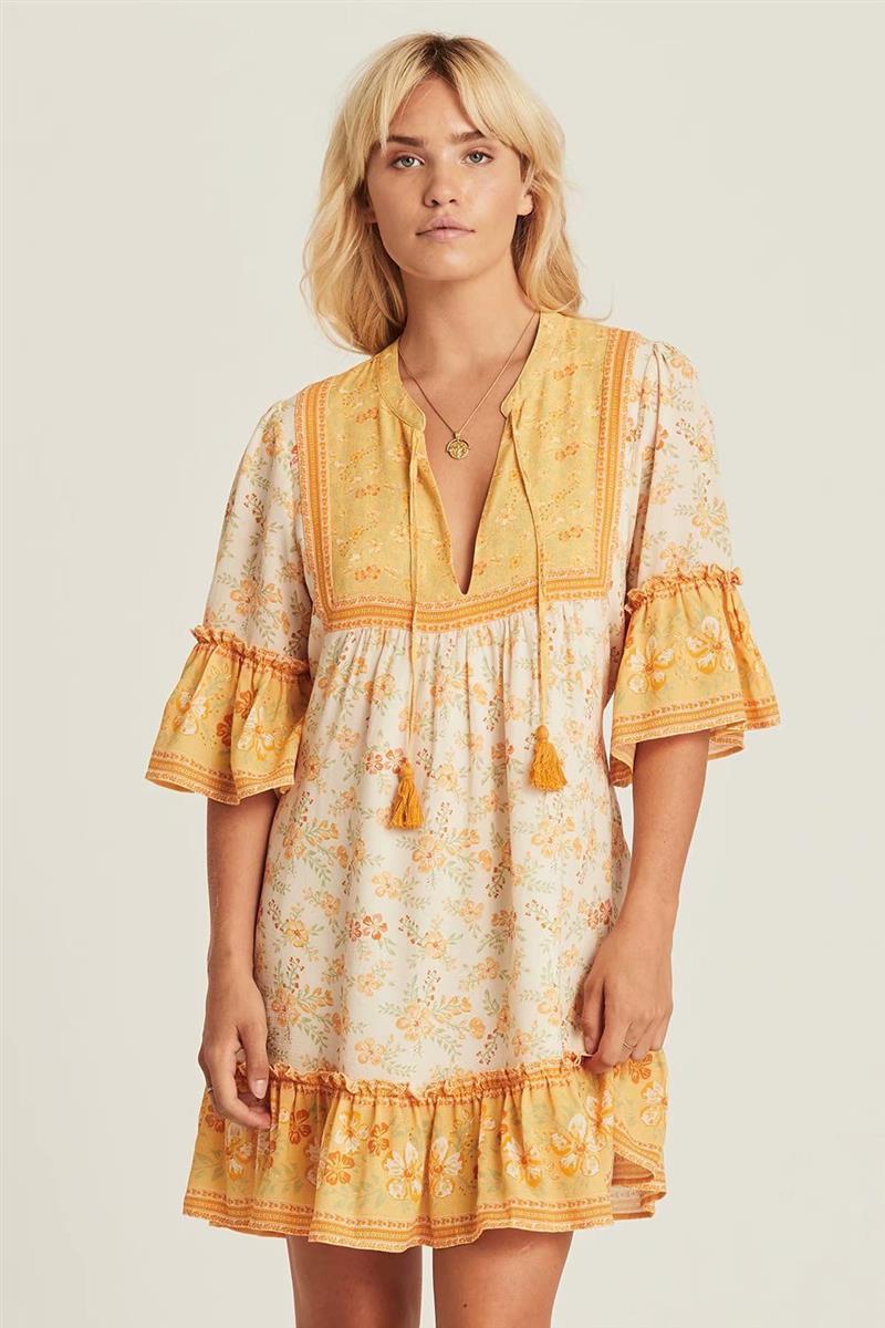 Boho Floral Print Flared Sleeve Ruffle Hem Mini Dress 14